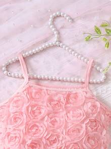Girls 3D Rose Camisole Top And Double-Layer Tulle Skirt Set - Pink - View 3