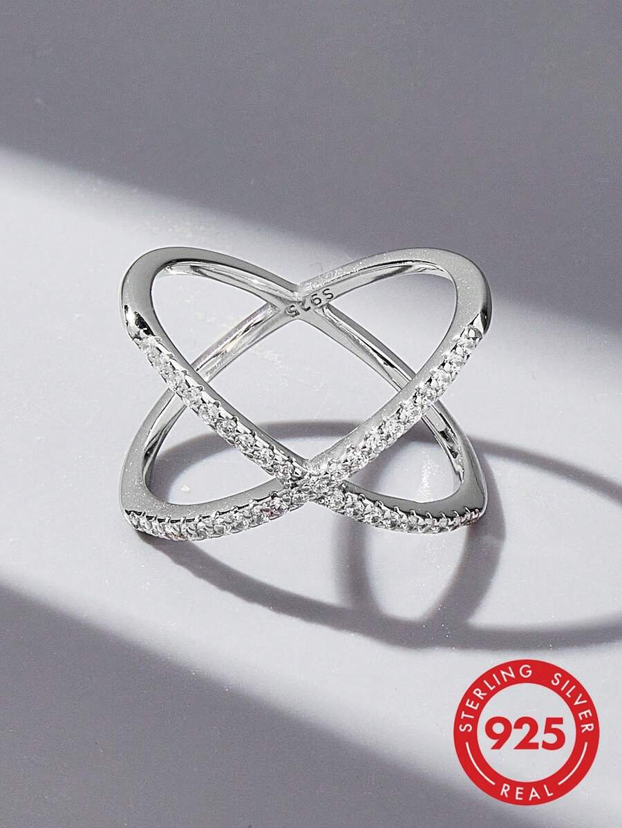 Anillo de bodas de plata con decoración de circonita cúbica para mujer, joyería fina de boda nupcial - Plateado - Ver 1