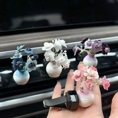 陶瓷迷你仿真花瓶车载香氛夹，优雅花卉装饰，适用于汽车空调出风口