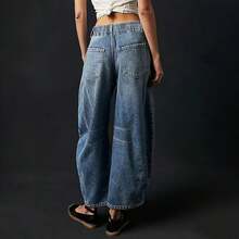 Women's Jeans Section: Women's Horseshoe-Shaped Barrel Jeans, Mid-Waist Wide-Leg Jeans, Loose Fit, Slim Tapered Leg Casual Jeans. - 藍色 - 查看 6