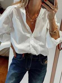 Áo sơ mi dài tay bằng vải dệt màu trắng, cổ áo cardigan, cài cúc, kiểu dáng thông thường. - trắng - Xem 4