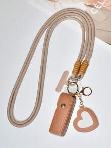 1 Set Nylon Braided Phone Case Strap, Minimalist Solid Color Leather Lipstick Pouch, Cute Mini Heart Shaped Makeup Mirror Keychain - Brown Long Rope + Lipstick Bag + Makeup Mirror - View 2