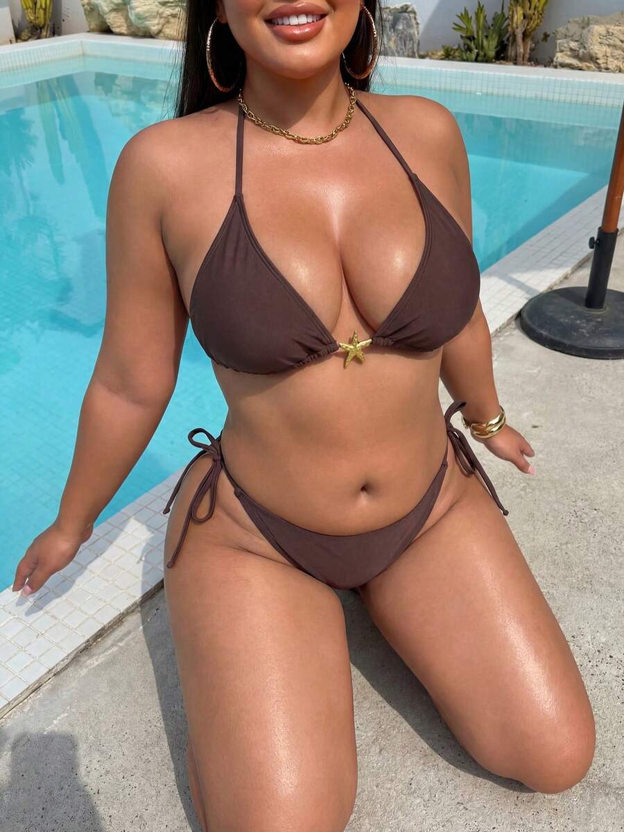 Plus Size Sexy Backless Bikini Set, Side Tie Bottom, High Elasticity Fabric, For Women Vacation Beach Summer - Brown - View 1