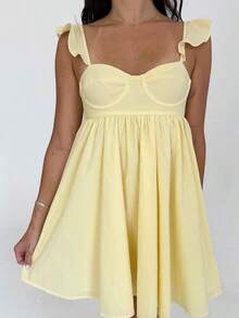 Women Floral Ruffle Strap Babydoll Dress Sleeveless Backless A-Line Summer Mini Sundress - 黃色 - 查看 3