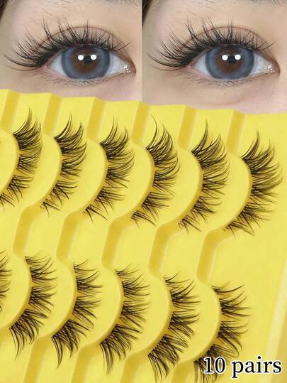 10对斜角外翻欧美风假睫毛，C型卷翘，7-13mm混合长度，自然灵动，轻松DIY快速上妆，柔软轻盈，适合新手，日常、派对、送女友皆宜
