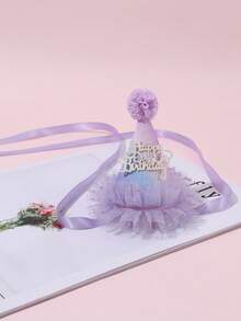 1件装女孩生日派对闪亮渐变紫色3D帽子和紫色薄纱发箍，带有“生日快乐”3D字母装饰，适合生日庆祝活动 - 彩色 - 查看 7
