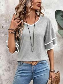 Camiseta de mujer de manga corta y cuello en V, de unicolor con ribete de contraste, para verano - Gris - Ver 5
