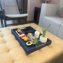 14x20 Inches Blue Faux Leather Wrapped Wood Serving Tray With Metal Handles For Various Occasions, Ottoman, Home Decor Decorative, Living Room, Coffee Table Organizer, Serving Breakfast On Bed - / - 查看 3