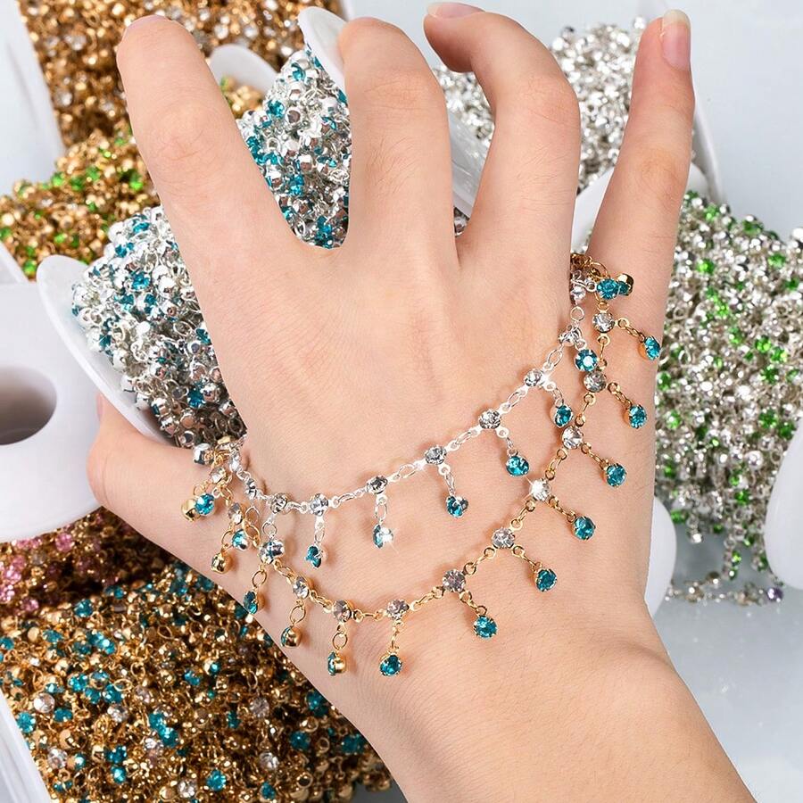 Corrente de 1 metro com strass de vidro brilhante multicolorido em formato de garra, pingente de contas, corrente de cobre com borla, ideal para confecção de colares, pulseiras e decoração de roupas.