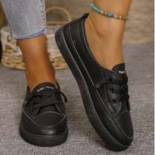 Spring And Autumn Soft Leather Low-Top Casual Sneakers, Slip-On No-Lace Lazy Shoes, Thick-Soled Height-Boosting Non-Slip Women's Shoes, Versatile Black And White Two-Color Options, Stylish Women's Footwear That's Easy To Slip On And Off For Commuting And Shopping. - Black - View 3