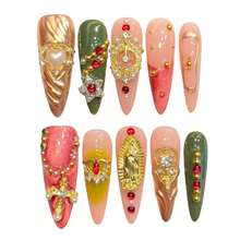 Long Drip Fake Nails With Baroque Design Red Green Color Press On Nails For Party Wedding - Multicolor - View 11