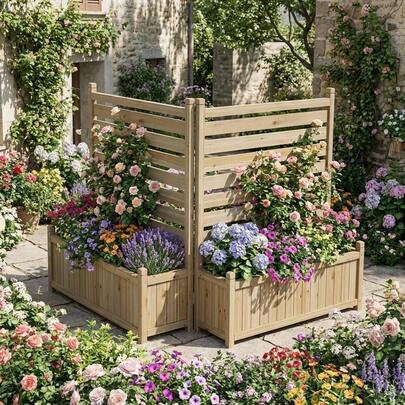 Caja de plantador de cerca de privacidad de madera al aire libre de 2 paneles, divisor de jardín independiente resistente al clima con dos macetas de flores, pantalla decorativa para ocultar unidades de CA, papeleros, equipo