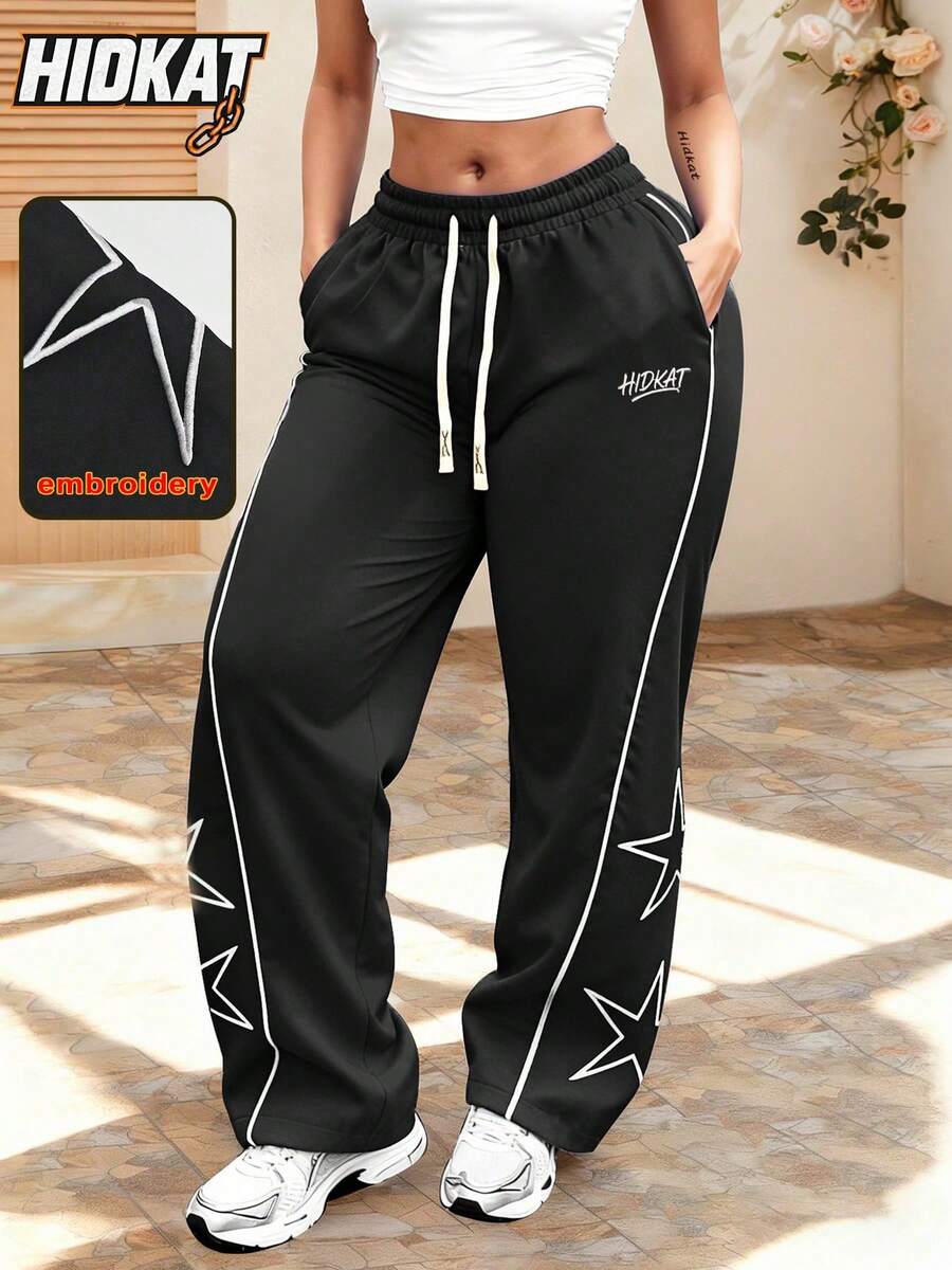 Hidkat Quần thể thao nữ thời trang thêu họa tiết ngôi sao, cạp chun, thích hợp cho hoạt động ngoài trời, mặc thường ngày và dạo phố, màu đen xuân/thu.