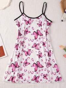 Women's Sleepwear Butterfly Print Lettuce Trim Nightdress Casual Round Neck Backless Mini Slip Dress Soft Comfortable Nightwear Ruffle Hem Sleeveless  Ruffle Hem    Sleeveless - 彩色 - 查看 3