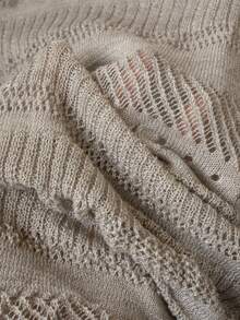 Korean Style V-Neck Hollow Out Long Sleeve Knit Sweater, Loose Soft Casual Pullover Top For Women, Spring/Summer New Arrival - Khaki - View 8