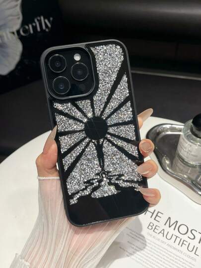 1个黑色银色旭日纹镜面水钻防震二合一手机壳，适用于 17 Pro Max