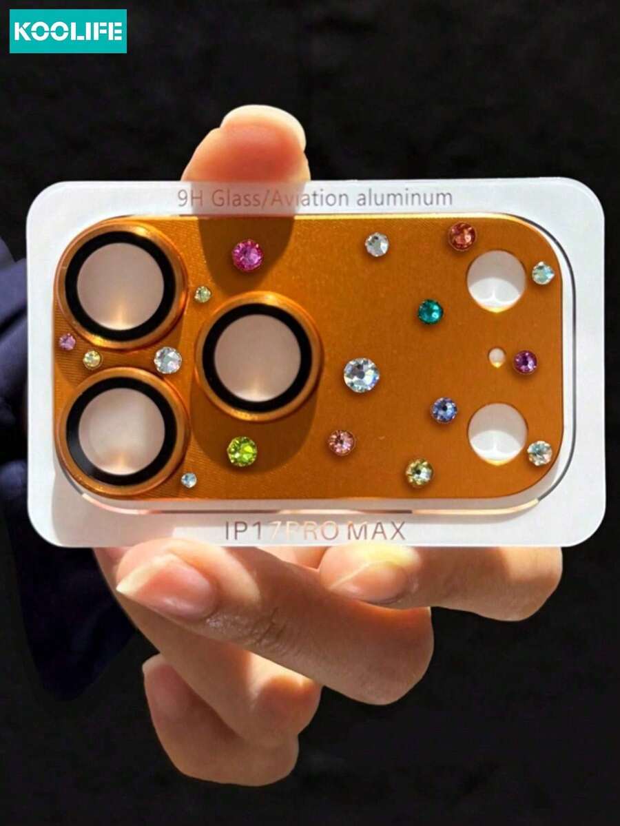 Koolife 合金奢华闪耀钻石单片装奢华闪耀3D钻石镜头保护膜金属钢化玻璃后置摄像头盖，兼容苹果17 Pro/17 Pro Max，母亲节礼物 - 橘色 - 查看 1