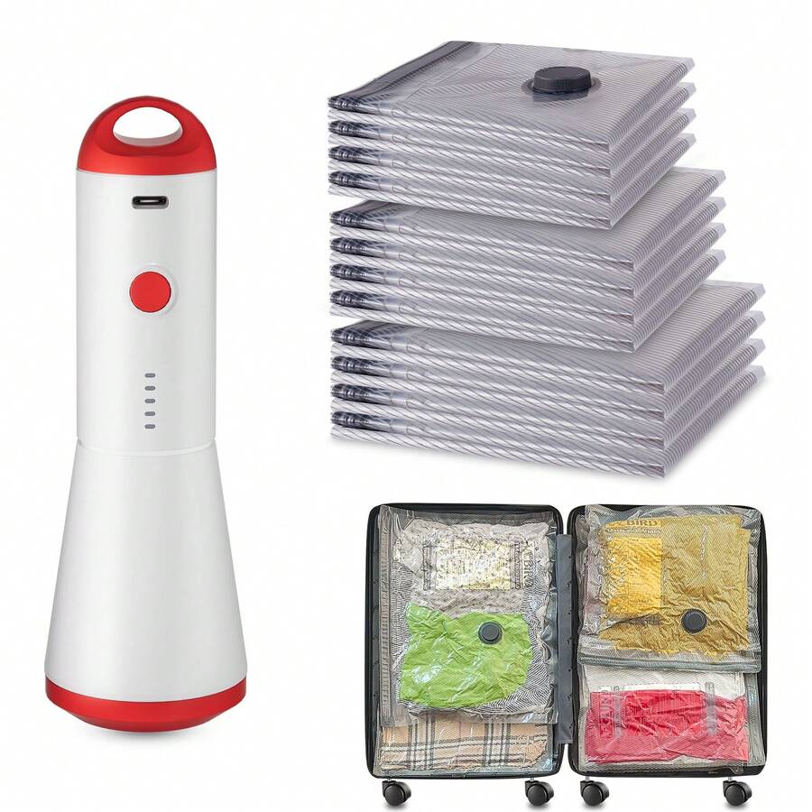 Vacbird Vacuum Storage Bags, For Travel With Rechargeable Air Pump, Carry-On Size Compression Packing Bags For Luggage And Suitcase, Space Saver For Clothes And Clothing 12 Combo Travel Size - 紅色 - 查看 1
