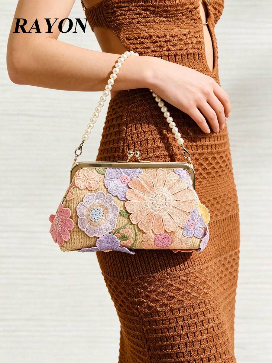 Multicolor Floral Pattern Mesh Embroidered Shell Straw Clutch Bag, Pearl Handbag, Sweet Romantic Beach Holiday Style Women's Handbag, Suitable For Wedding, Party, And Vacation Occasions (Random Mesh Embroidery Floral Pattern Distribution, Please Do Not Purchase If You Mind) - Multicolor - View 1