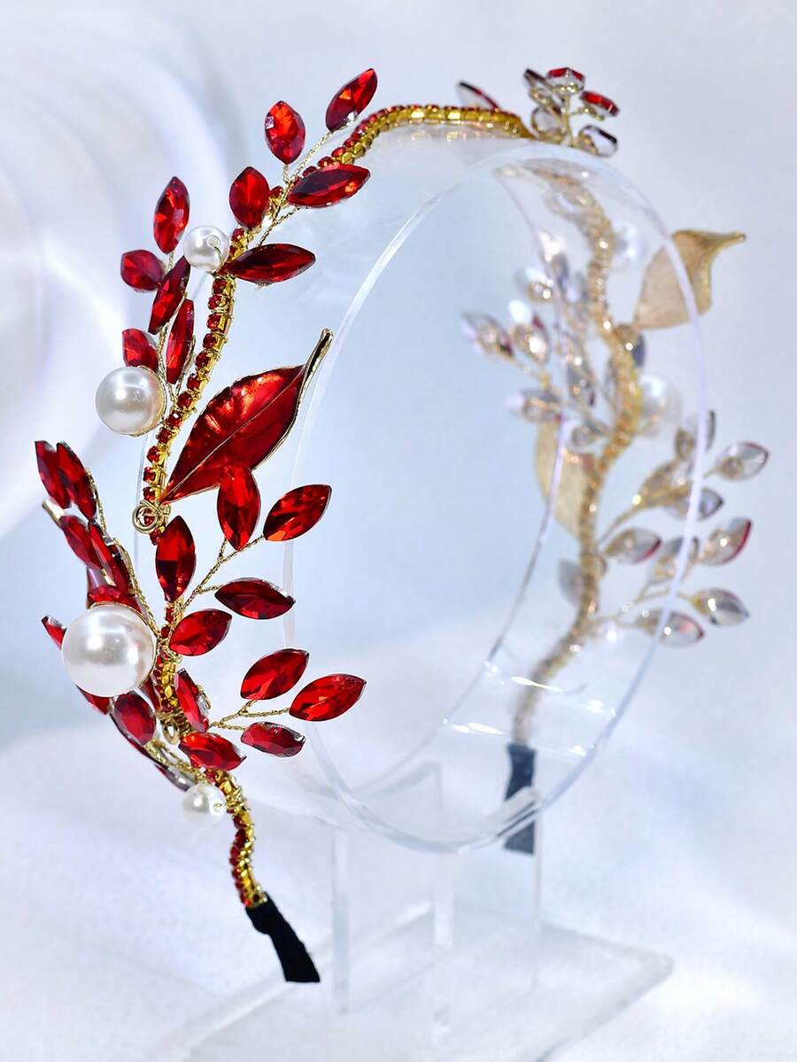 闪亮红色水晶合金叶子新娘头饰，适合新娘和伴娘佩戴
