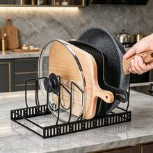 1Pc Pot And Lid Organizer Rack With 7 Adjustable Dividers Kitchen Cabinet Pantry Countertop Storage Holder For Cookware Pan Organizer - Black - View 4