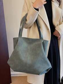 Large Capacity Tote Bag, Retro Faux Leather Handbag With Front Pocket, Suitable For Work And Travel - Green - View 7