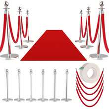 6 piezas de poste de control de multitudes con alfombra roja extendida de 26 pies, postes plateados, cola con 4 cuerdas de terciopelo rojo de 5 pies, barreras de cuerda para control de - 6 piezas - Ver 1