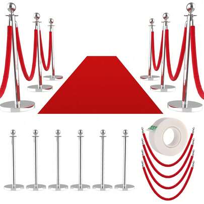 6 piezas de poste de control de multitudes con alfombra roja extendida de 26 pies, postes plateados, cola con 4 cuerdas de terciopelo rojo de 5 pies, barreras de cuerda para control de