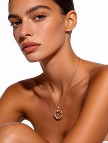 2pcs 24K Gold Plated Copper Geometric Rhinestone Hoop Pendant Necklaces, Minimalist & Elegant, Versatile For Daily Wear, Gift For Girlfriend/Wife - Gold - View 5