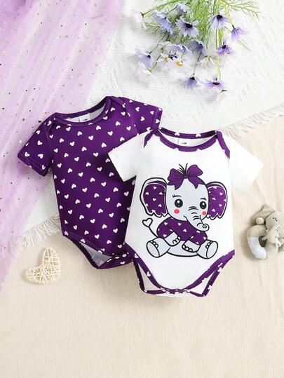 2pcs/Set Cute Heart Elephant Newborn Baby Romper