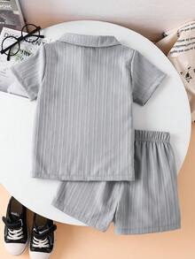 2件套夏季男童纯色Polo衫短裤套装，休闲度假及上学装，4-7岁 - 灰色 - 查看 2