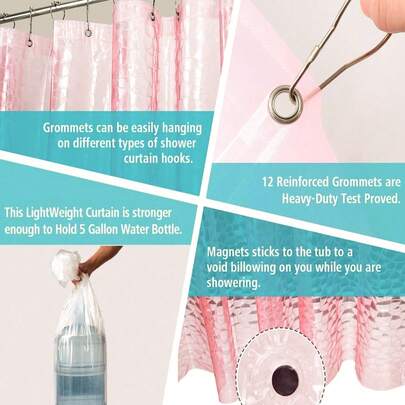 1pc EVA Transparent Shower Curtain, 3D Water Cube Embossed Asymmetrical Shape, Pink Transparent, Multiple Sizes, No Hooks Bathroom Decor