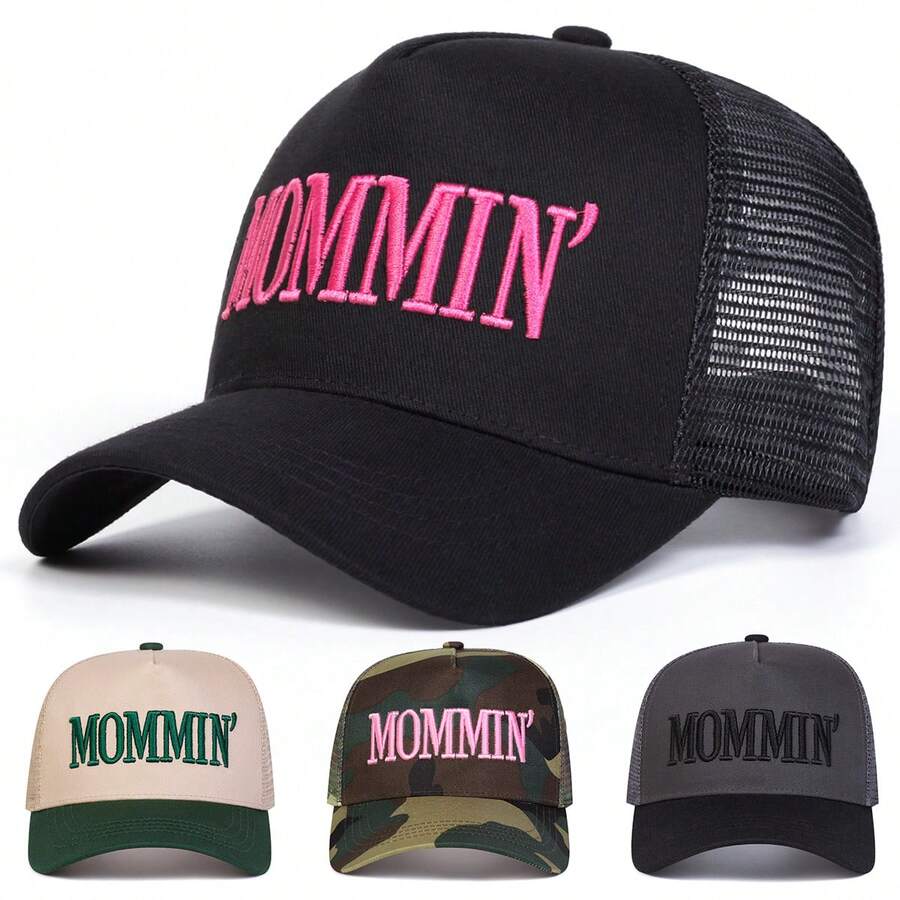 1pc Women's MOMMIN Trucker Hat, Personalized Letter Embroidery Baseball Cap, Streetwear Fashion Mesh Cap, Outdoor Sun Protection Casual Hat For Spring, Autumn, Travel, Beach, Summer - Multicolor - View 1