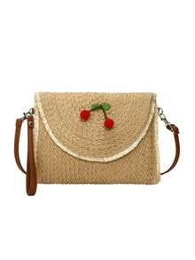 Small Fresh Three-Dimensional Cherry Embellishment Design Shoulder Bag, Raw Edge Design Retro Simple Fashion Versatile Shoulder Bag, Niche Classic Daily Commuter Shoulder Bag, Holiday Style , Suitable For Shopping And Dating. - Khaki - View 7