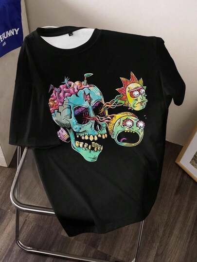 X  Camiseta de manga corta con cuello redondo y estampado de calavera, de talla grande para hombre, de verano