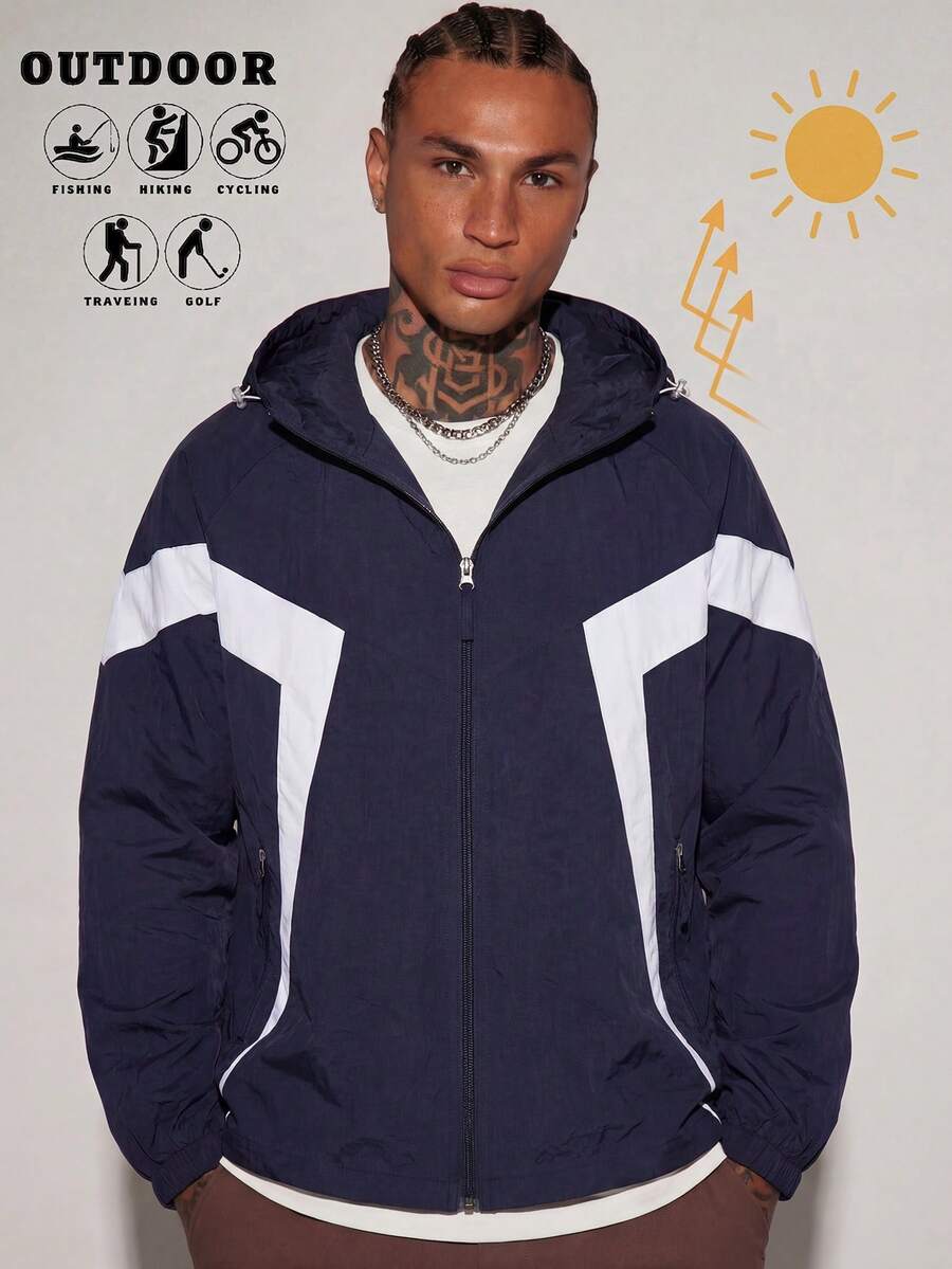 Chaqueta cortavientos ligera y transpirable de patchwork azul marino, abrigo versátil de verano para hombres con protección solar - Azul - Ver 1