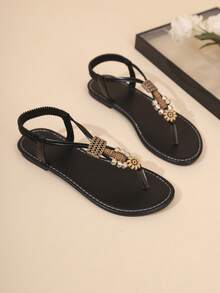 Sandal đế bằng đính hạt kiểu Bohemian cho nữ, thoải mái, gợi cảm, thời trang, thanh lịch, thích hợp đi biển hoặc đi nghỉ mát, sandal đế bằng đính hạt bằng da PU cho nữ, mùa hè. - màu đen - Xem 3
