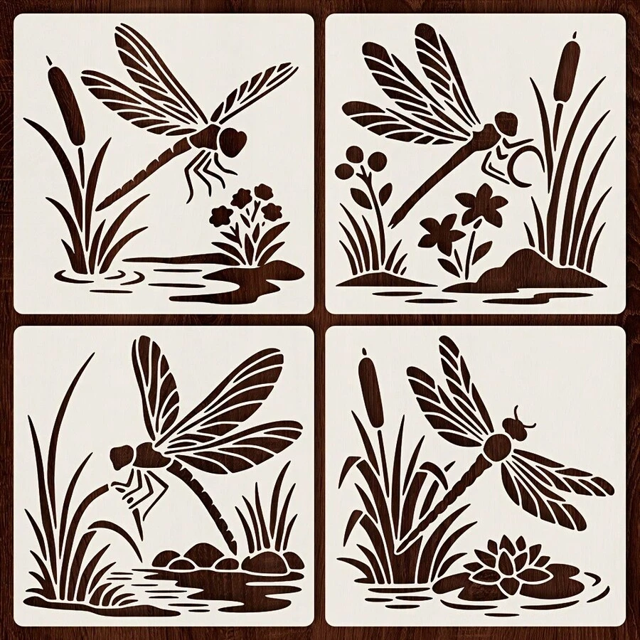 4 片 6x6 英寸蜻蜓图案模板，包含飞翔的蜻蜓、芦苇、盛开的花朵和宁静的池塘，可水洗、柔韧且可重复使用的 PET 镂空绘画模板，适合 DIY 绘画工艺品。