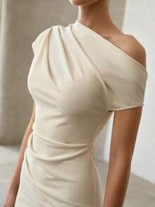 PREMIUM WOMEN'S APRICOT ASYMMETRICAL SHOULDER WAIST CINCHED ELEGANT MID-LENGTH DRESS - 杏色 - 查看 8