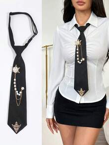 1pc Women's Fashion Casual Faux Pearl Metal Decor Adjustable Necktie, Suitable For Daily, Casual, Outing, Date, Party, Shopping Outfit,Festival,Travel - Multicolor - View 1