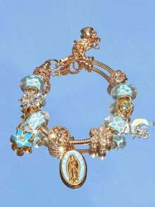 1pc Religious Virgin Mary Charm Bracelet, 1pc Religious Crescent Moon Bracelet, 1pc Fashionable Blue Sakura Bracelet, 1pc Fashionable Heart Tree Of Life Bracelet - Pink - 查看 6