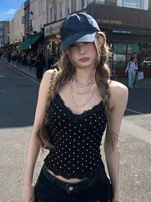 Summer American Retro Sweet Lace Patchwork Polka Dot Print Fitted Camisole, Suitable For Street, Date, Vacation And Outing Casual Black - Black - View 4