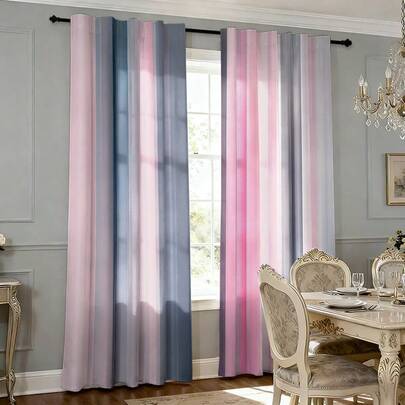 2pcs Fashion Pink & Gray Striped Semi-Blackout Curtains, No-Drill Rod Pocket Design, Modern Style For Living Room, Kitchen, Home Decor, Polyester Fabric, Machine/Hand Washable