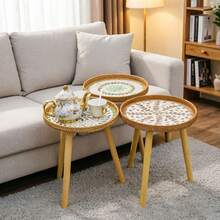 Handwoven Rattan Round Side Table With Mosaic Pattern Desktop, Suitable For Boho Style Home Decor - Multicolor - View 1