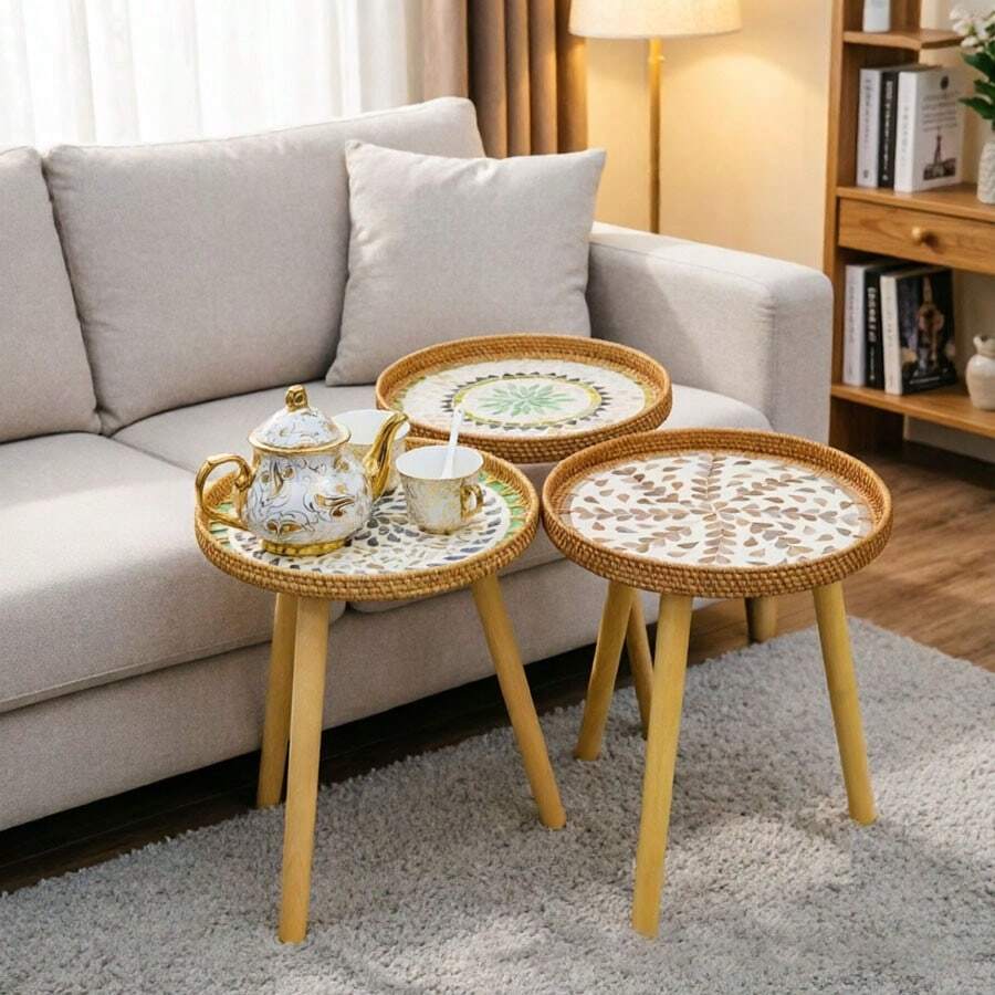 Handwoven Rattan Round Side Table With Mosaic Pattern Desktop, Suitable For Boho Style Home Decor - Multicolor - View 1