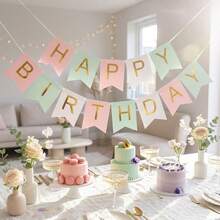 Pancarta de cumpleaños en tonos pastel con letras doradas brillantes, banderín de feliz cumpleaños, decoraciones de fiesta, suministros para fiesta de cumpleaños - Multicolor - Ver 1