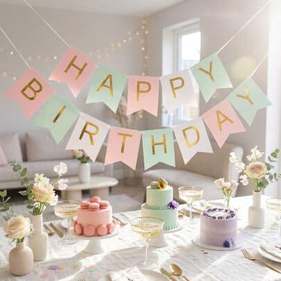 Dây cờ sinh nhật màu pastel với chữ vàng lấp lánh, cờ dây chúc mừng sinh nhật, đồ trang trí tiệc, đồ dùng tiệc sinh nhật