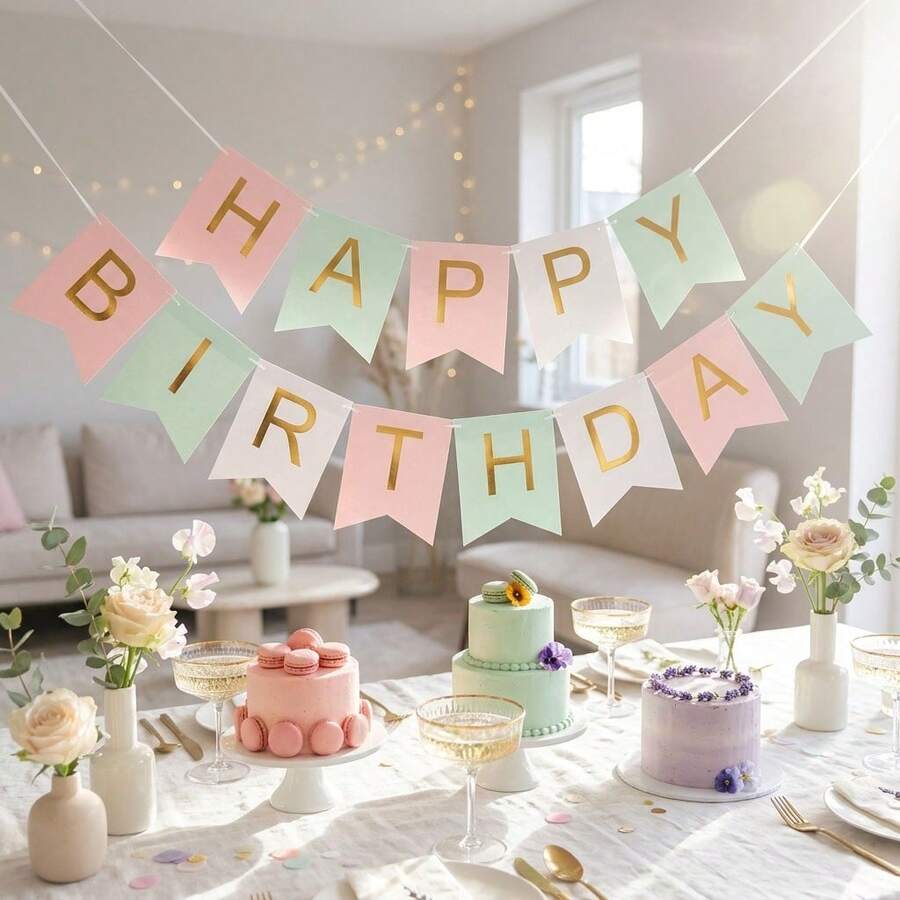 Pancarta de cumpleaños en tonos pastel con letras doradas brillantes, banderín de feliz cumpleaños, decoraciones de fiesta, suministros para fiesta de cumpleaños - Multicolor - Ver 1