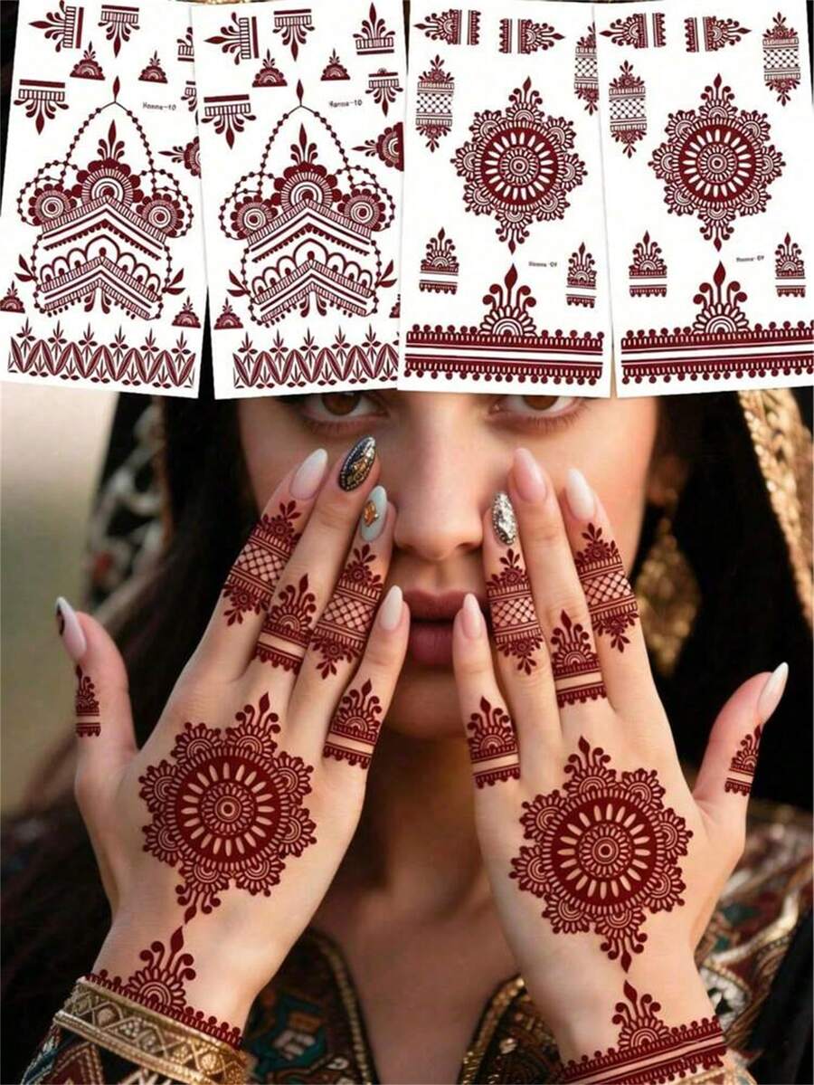 Henna Mandala Flower Lace Pattern Sexy Body Art Temporary Waterproof Tattoo Stickers, Suitable For Hands, Arms, Back For Festivals, Parties, Daily Wear - Brown - View 1