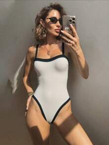 Elegant Women's Spaghetti Strap One-Piece Swimsuit, Contrast Color Trim High-Waisted Design, Medium Stretch Fabric Vacation Beach Summer - Black and White - View 5